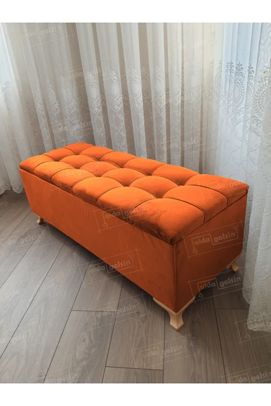 aldagelsin Lüks Çizgi Kapitoneli Sandıklı Puf Bench 120 cm Gold Ayak Turuncu 120 x 45 ürün görseli 1