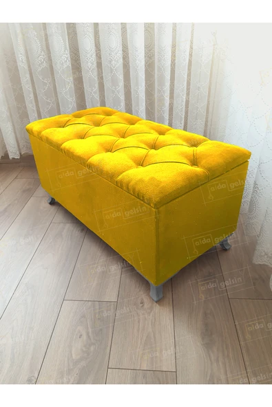 aldagelsin Lüks Sandıklı Kapitoneli Ayakucu Puf Bench 120 cm Gümüş Ayak Sarı 120 x 45 ürün görseli 1