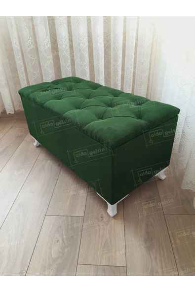 aldagelsin Lüks Sandıklı Kapitoneli Ayakucu Puf Bench 100 cm Beyaz Ayak Yeşil ürün görseli 1