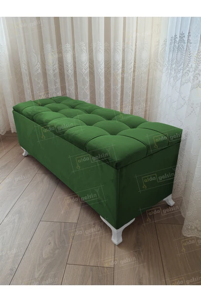 aldagelsin Çizgi Kapitoneli Sandıklı Puf  110 cm Beyaz Ayak Yeşil 110 x 42 ürün görseli 1