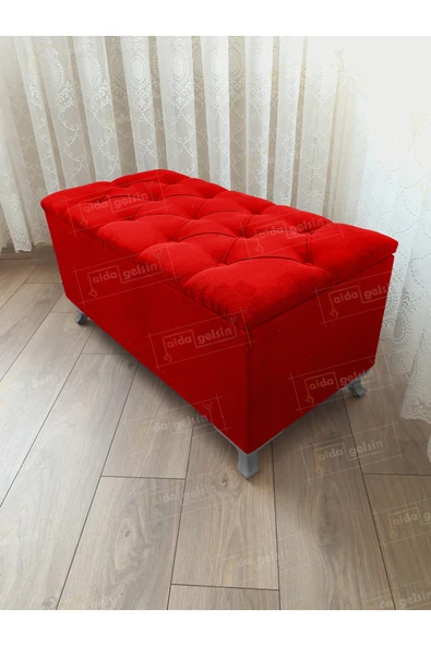 aldagelsin Lüks Sandıklı Kapitoneli Ayakucu Puf Bench 90 cm Gümüş Ayak Kırmızı 90 x 45 ürün görseli 1