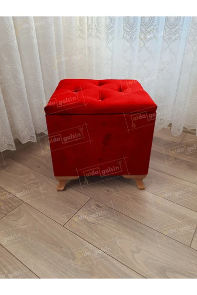 aldagelsin Lüks Sandıklı Tabure Puf 45 x 45 cm Ceviz Ayak Kırmızı 45 x 45 ürün görseli 1