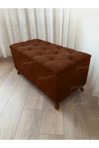 aldagelsin Lüks Sandıklı Kapitoneli Ayakucu Puf Bench 100 cm Ceviz Ayak Kahve ürün görseli 1