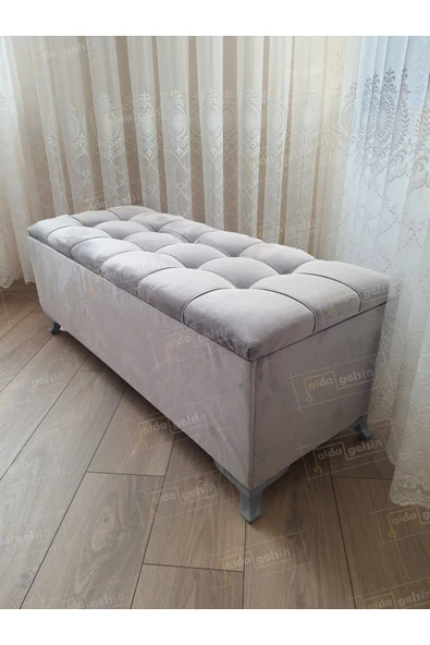 aldagelsin Çizgi Kapitoneli Sandıklı Puf Bench 120 cm Gümüş Ayak Gri 120 x 45 ürün görseli 1