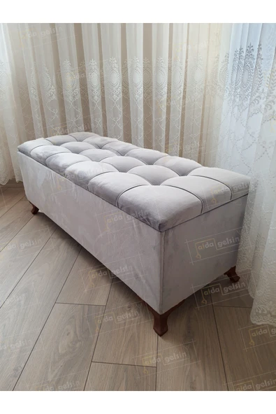 aldagelsin Çizgi Kapitoneli Sandıklı Puf 90 cm Ceviz Ayak Gri 90 x 45 ürün görseli 1