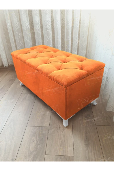 aldagelsin Lüks Sandıklı Kapitoneli Ayakucu Puf Bench 90 cm Beyaz Ayak Turuncu 90 x 45 ürün görseli 1