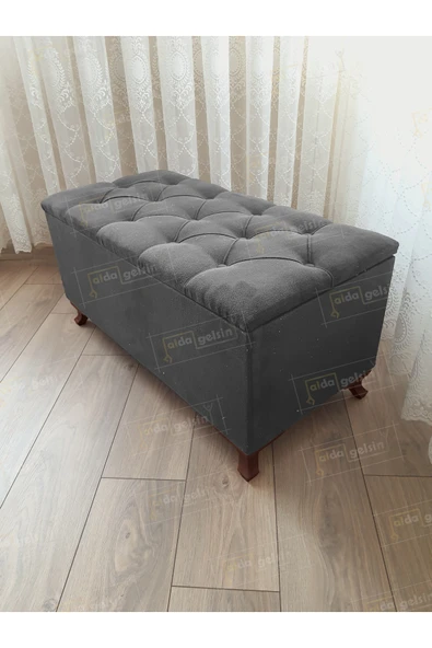 aldagelsin Lüks Sandıklı Kapitoneli Ayakucu Puf Bench 100 cm Ceviz Ayak Antrasit Gri ürün görseli 1