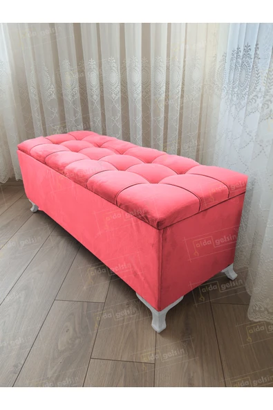 aldagelsin Lüks Çizgi Kapitoneli Sandıklı Puf Bench 120 cm Beyaz Ayak Pembe 120 x 45 ürün görseli 1