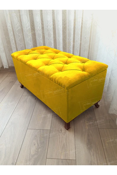 aldagelsin Lüks Sandıklı Kapitoneli Ayakucu Puf Bench 90 cm Ceviz Ayak Sarı 90 x 45 ürün görseli 1