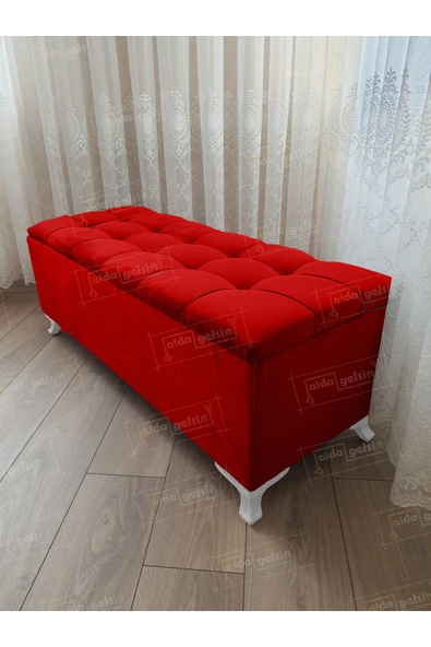 aldagelsin Çizgi Kapitoneli Sandıklı Puf  90 cm Beyaz Ayak Kırmızı 90 x 45 ürün görseli 1