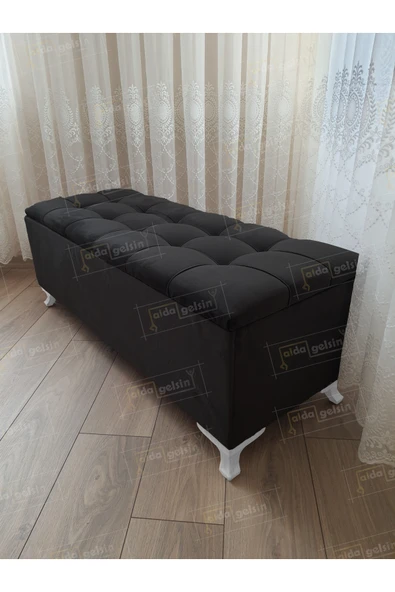 aldagelsin Çizgi Kapitoneli Sandıklı Puf  100 cm Beyaz Ayak Siyah 100 x 40 ürün görseli 1
