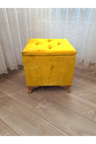 aldagelsin Lüks Sandıklı Tabure Puf 45 x 45 cm Ceviz Ayak Sarı 45 x 45 ürün görseli 1