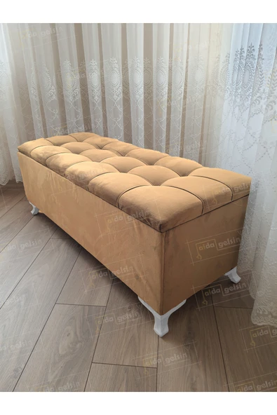 aldagelsin Çizgi Kapitoneli Sandıklı Puf  100 cm Beyaz Ayak Vizon 100 x 40 ürün görseli 1