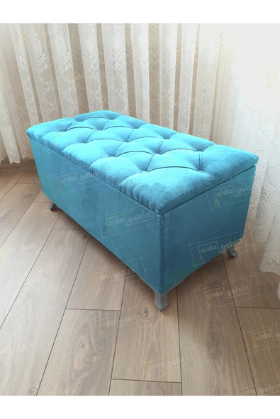 aldagelsin Lüks Sandıklı Kapitoneli Ayakucu Puf Bench 110 cm Gümüş Ayak Turkuaz 110 x 42 ürün görseli 1