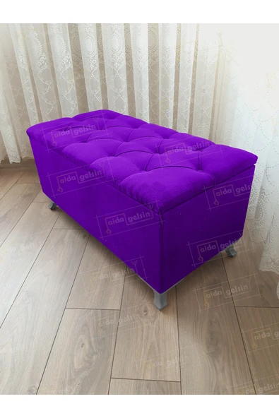 aldagelsin Lüks Sandıklı Kapitoneli Ayakucu Puf Bench 90 cm Gümüş Ayak Eflatun 90 x 45 ürün görseli 1