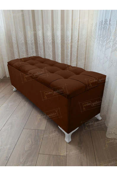 aldagelsin Çizgi Kapitoneli Sandıklı Puf  90 cm Beyaz Ayak Kahve 90 x 45 ürün görseli 1