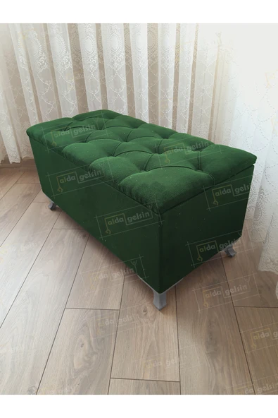 aldagelsin Lüks Sandıklı Kapitoneli Ayakucu Puf Bench 110 cm Gümüş Ayak Yeşil 110 x 42 ürün görseli 1