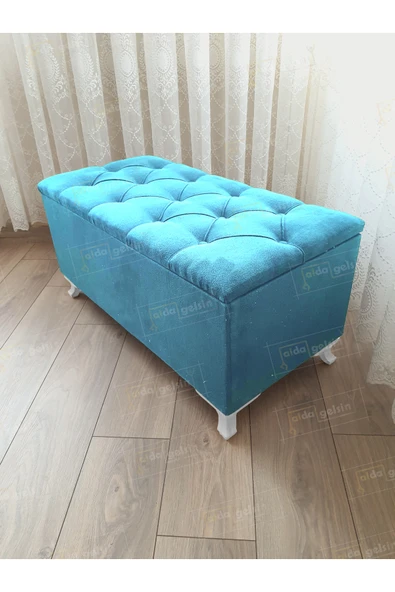 aldagelsin Lüks Sandıklı Kapitoneli Ayakucu Puf Bench 100 cm Beyaz Ayak Turkuaz ürün görseli 1