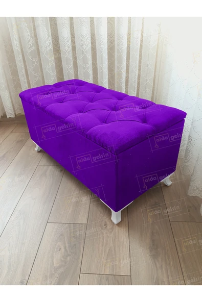 aldagelsin Lüks Sandıklı Kapitoneli Ayakucu Puf Bench 90 cm Beyaz Ayak Lila 90 x 45 ürün görseli 1