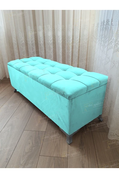 aldagelsin Çizgi Kapitoneli Sandıklı Puf  100 cm Gümüş Ayak Turkuaz 100 x 40 ürün görseli 1