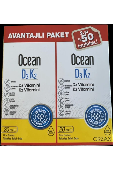 ORZAX Ocean D3K2 1000IU 2 X 20ML AVANTAJLI PAKET ürün görseli 1
