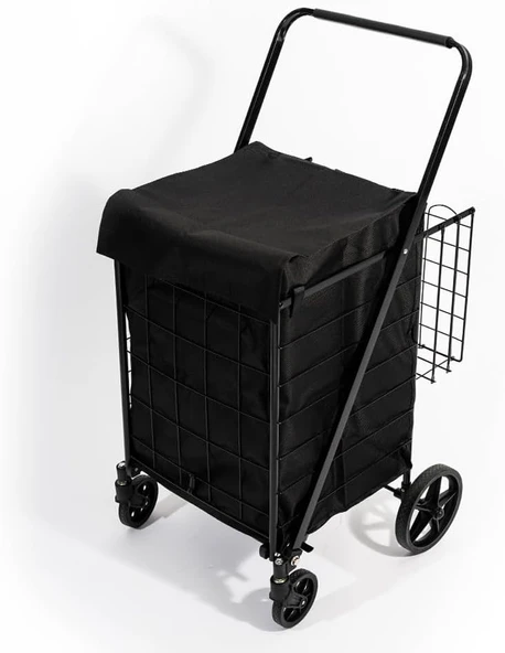 4 Tekerlekli 80 L Katlanabilir Kılıflı Pazar Arabası, 360 Derece Dönebilen Metal İskeletli Siyah Alışveriş Arabası ürün görseli 1