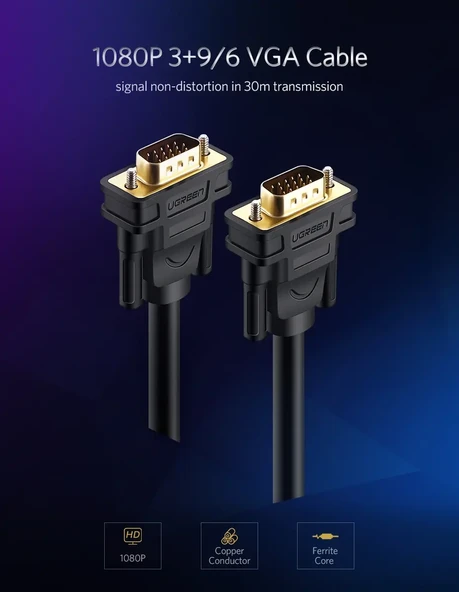 UGREEN 11630 VG101 1080P60Hz VGA Erkek to VGA Erkek Kablo Siyah 1.5metre ürün görseli 1