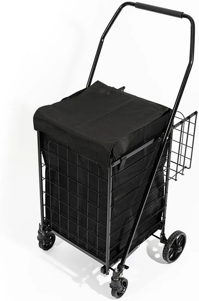 4 Tekerlekli 60 L Katlanabilir Kılıflı Pazar Arabası - 360 Derece Dönebilen Metal İskeletli Siyah Alışveriş Arabası ürün görseli 1