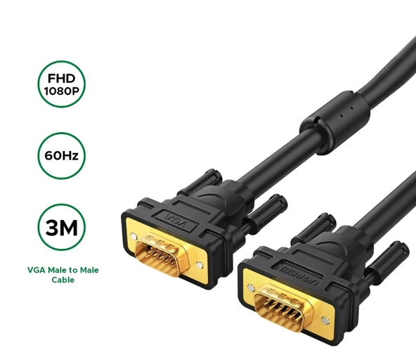 UGREEN 11631 VG101 1080P60Hz VGA Erkek to VGA Erkek Kablo Siyah 3metre ürün görseli 1