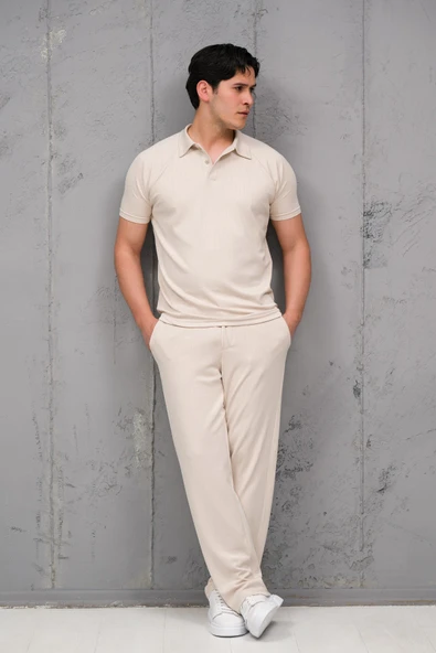 Regular Fit Likralı Kendinden Çizgili Yarım Baggy Pantolonlu T-shirt Takım ürün görseli 1