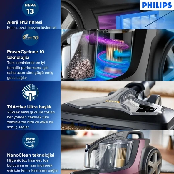 Philips Marathon Ultimate Toz Torbasız Elektrikli Süpürge, 899W, Powercyclone 10, Süper Turbo Fırça, Sert Zemin Başlığı, XB9155/07 ürün görseli 1