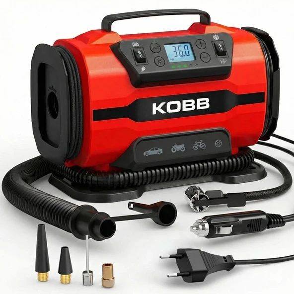 KOBB KB301 12Volt 220Volt 150 PSI Ayarlanabilir Dijital Basınç Göstergeli Lastik ve Yatak Şişirme Pompası ürün görseli 1