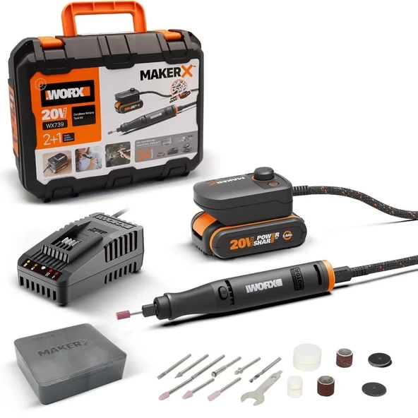 WORX WX739 MAKERX 20Volt 2.0Ah. Kömürsüz Profesyonel Kalem Tipi Devir Ayarlı Gravür Seti + 34 Parça aksesuar ürün görseli 1