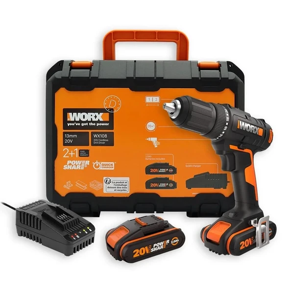 WORX WX108 20Volt/2.0Ah. Li-ion Çift Akülü Profesyonel Şarjlı Matkap ürün görseli 1