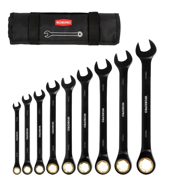 WORKPRO WP202602 8-19mm 9 Parça CR-V Profesyonel Cırcır Kombine Anahtar Takımı + Bez Taşıma Kılıfı ürün görseli 1
