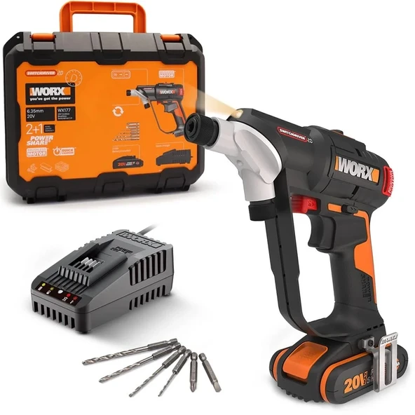 WORX WX177 20Volt/2.0Ah Li-ion Döner Kafa ve Çift Mandrenli Profesyonel Kömürsüz Şarjlı Matkap + 6 Parça Uç ürün görseli 1