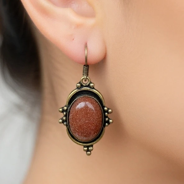Vintage Tasarım Bronz Çerçeveli Yıldız Taşı Goldstone Kadın Küpe ürün görseli 1