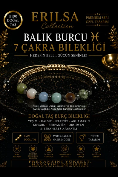 Sertifikalı Balık Burcu 7 Çakra Doğal Taş Bileklik - Ayarlamalı Unisex Lüks Hem Bileklik Hem Halhal ürün görseli 1