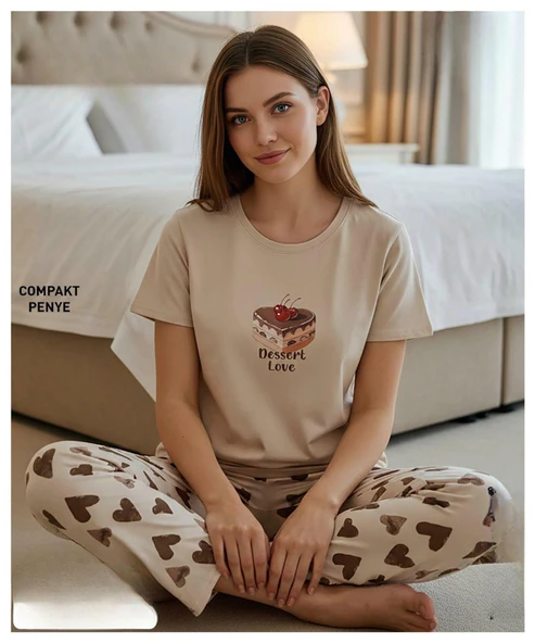 Mihra Kadın Compakt Penye Bisiklet Yaka Kısa Kol İnce Pijama Takımı 90784KAH- 1 Adet  S - M Kahverengi ürün görseli 1