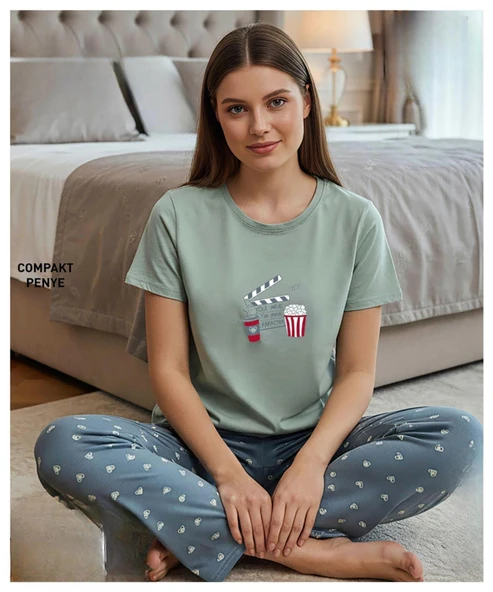 Mihra Kadın Compakt Penye Bisiklet Yaka Kısa Kol İnce Pijama Takımı 90784MY - 1 Adet  L Yeşil ürün görseli 1