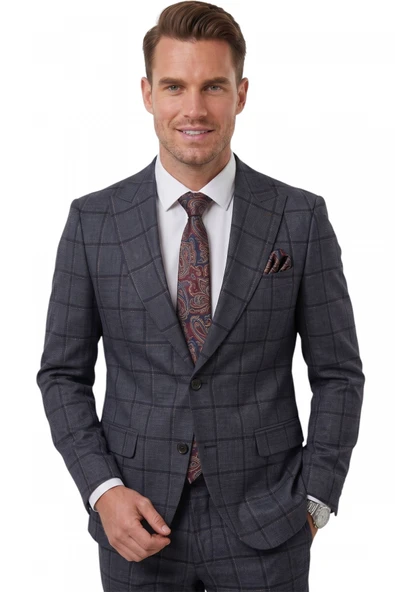 DeepSEA Kare Desenli Slim Fit Erkek Takım Elbise – Çift Düğme Çift Yırtmaç 2’li Takım 2601812 ürün görseli 1