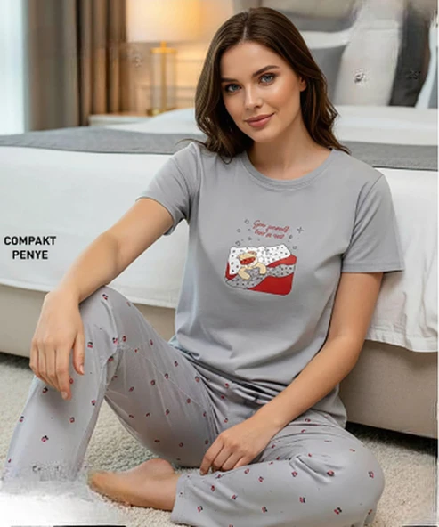 Mihra Kadın Compakt Penye Bisiklet Yaka Kısa Kol İnce Pijama Takımı 90784GR- 1 Adet  Gri S - M ürün görseli 1