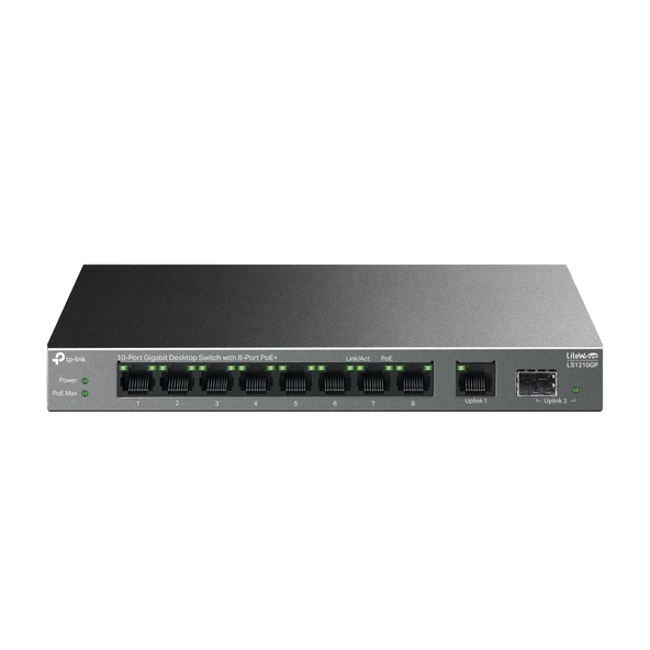 LS1210GP, Green Tech, 8 Port Gigabit, PoE 61W, 1 Port Gigabit Uplink, 1 Port Gigabit SFP, Yönetilemez Masaüstü Switch