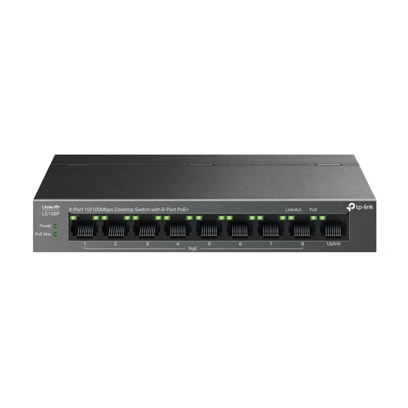 LS109P, Green Tech, 8 Port MegaBit, POE 63W, 1 Port Uplink, Long Range 250Mt, Yönetilemez, Metal Kasalı Switch