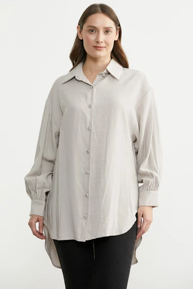 Tencel Arkası Uzun Oversize Gömlek - Taş ürün görseli 1