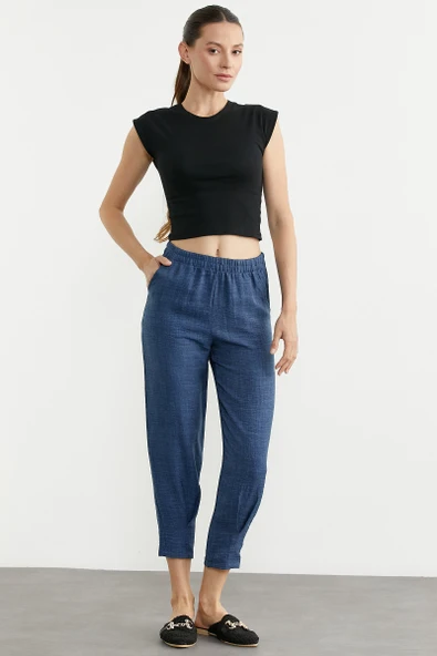 Paça Büzgü Detaylı Krep Pantolon - Indigo ürün görseli 1