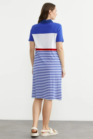 Marine Nakış Detaylı Elbise - Saks - Resim 5