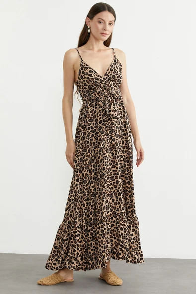 Leopar Desenli Askılı Uzun Elbise - Bej - Resim 4