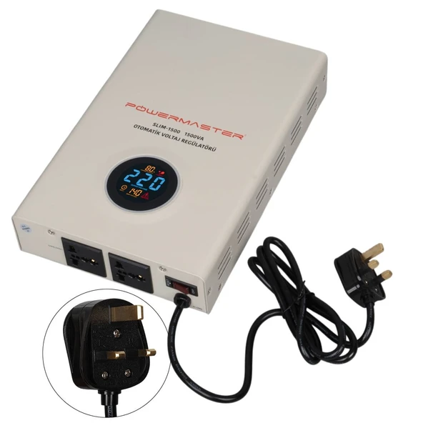 Powermaster SLIM-1500 Otomatik 1500VA Kombi Voltaj Regülatörü (İngiliz Fişli Ve Evrensel Çoklu Soketli) ürün görseli 1