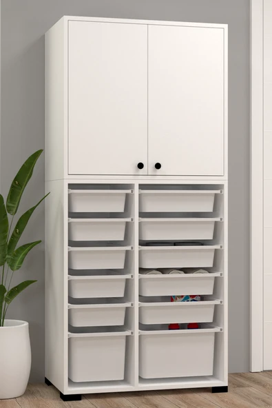 Rüya No.5 Modern Kullanışlı Beyaz Çift Katlı Kapaklı Çok Amaçlı Sepetli Dolap ürün görseli 1